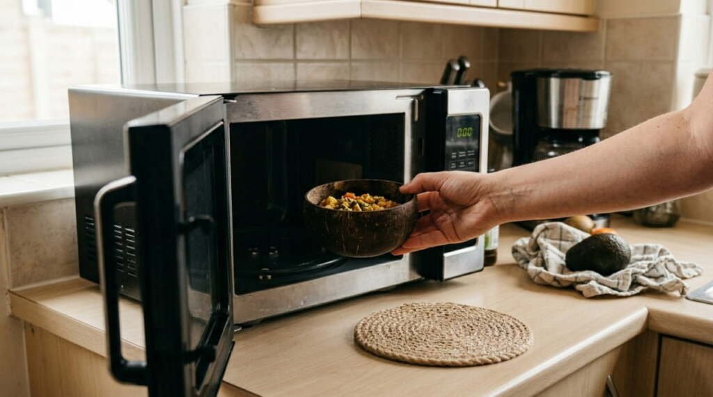 A person putting food into a microwave to demonstrate: Are coconut bowls microwave safe?