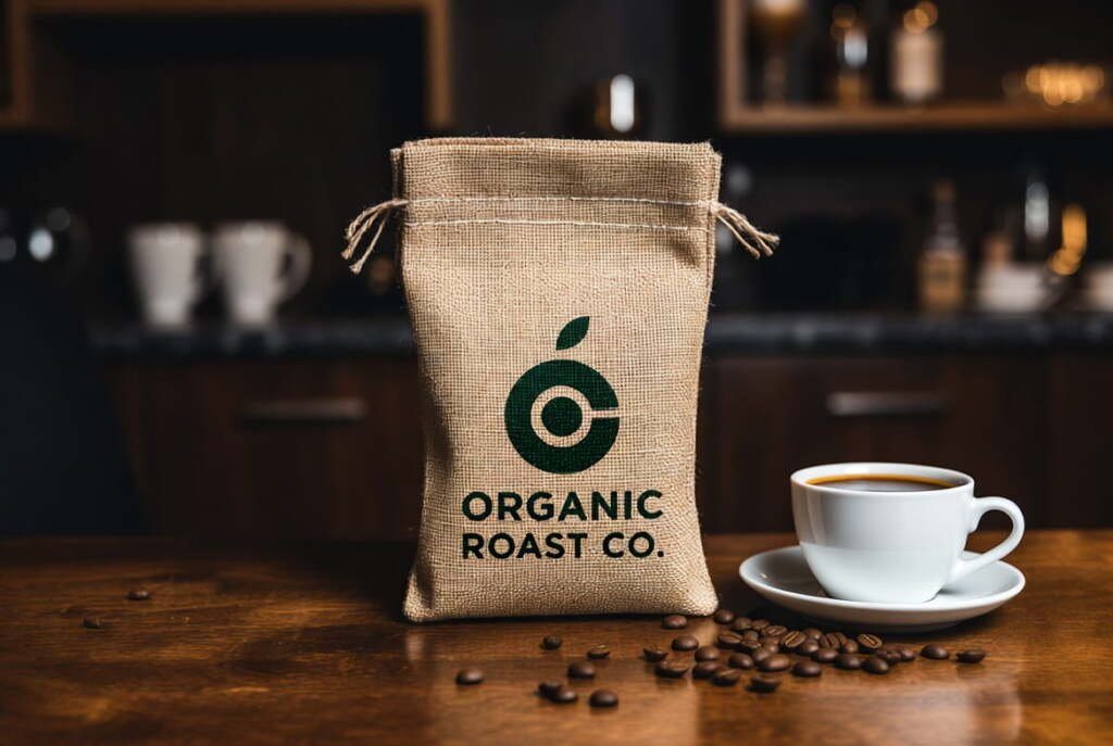 coffee burlap bag burlap coffee bag on a wooden table next to a white cup of black coffee and roasted beans.