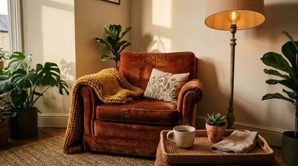 Cozy living room décor ideas with rust velvet armchair, mustard knit blanket, and handmade ceramic mug