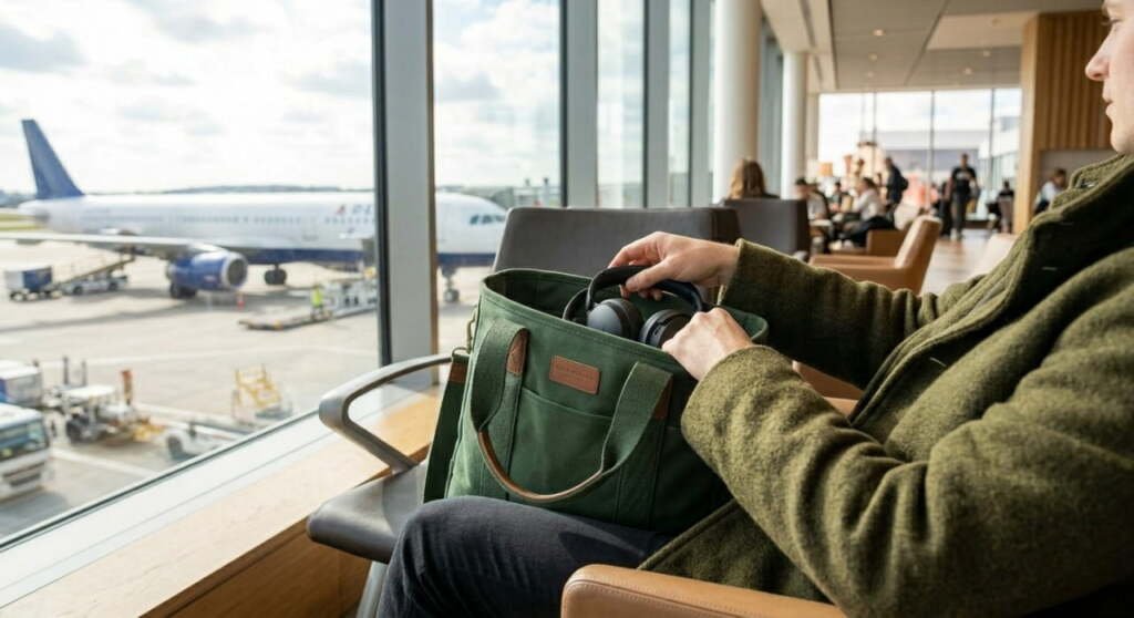 airport lounge looking towards an airplane, showing a seated passenger in a green coat with a forest green canvas tote bag containing headphones on their lap.