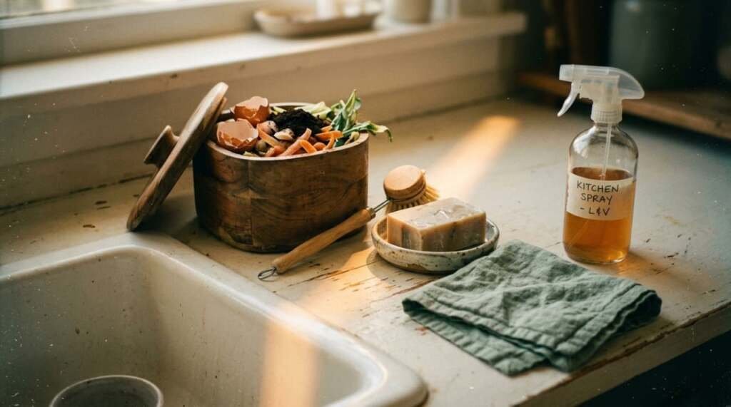 Kitchen counter with wooden compost bin, bamboo brush, natural soap, and glass spray bottle in warm afternoon light.
