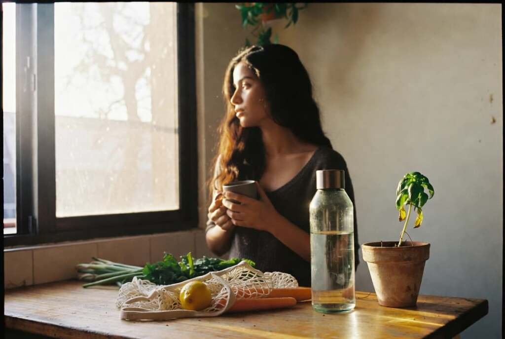 Woman with ceramic mug by a sunlit window with fresh produce and a glass bottle, depicting eco-conscious living.