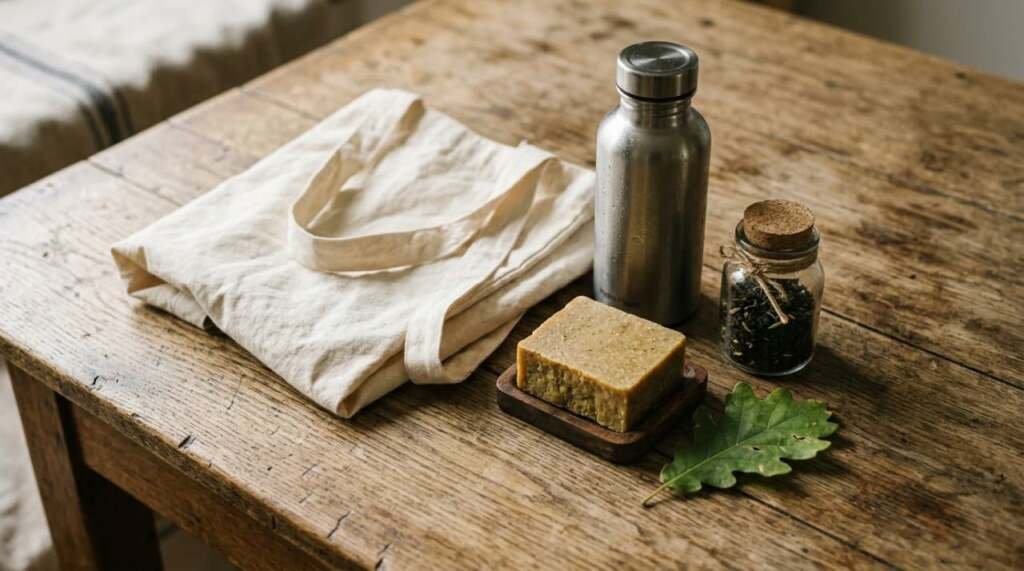 Eco-friendly essentials: cotton tote, steel bottle, natural soap, and loose-leaf tea on a rustic wooden table.