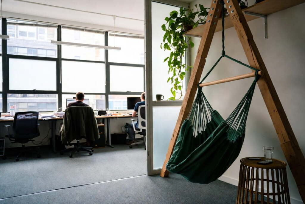 Freestanding hammock chair on a wooden frame in an office breakout area, with colleagues working at desks in the background.