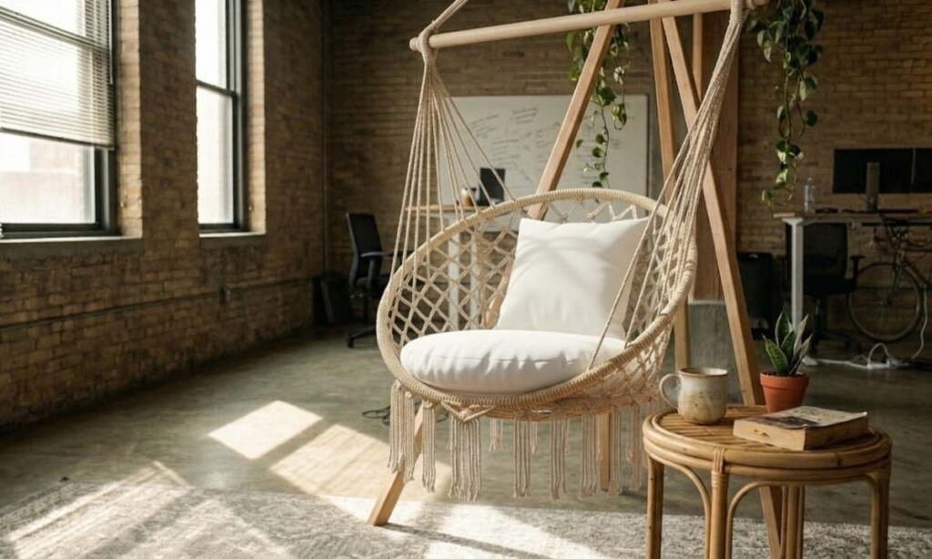 Freestanding macrame hammock chair on a wooden A-frame in a modern loft office with brick walls and plants.
