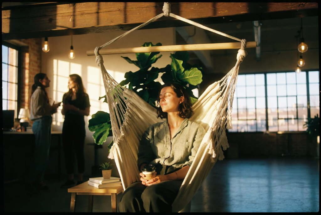 Woman relaxing in a hammock chair in a sunlit office, eyes closed, holding coffee — workplace wellness.