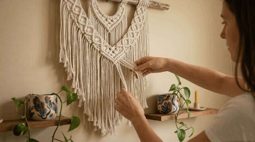 Woman arranging handmade macramé wall hanging — a creative living room décor idea with DIY boho style