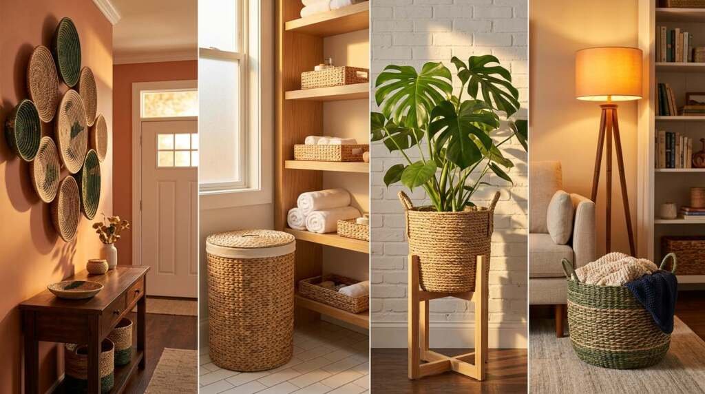 home decor with seagrass basket Collage showing woven home goods: wall décor, a tall laundry hamper, a plant stand, and a large seagrass basket.