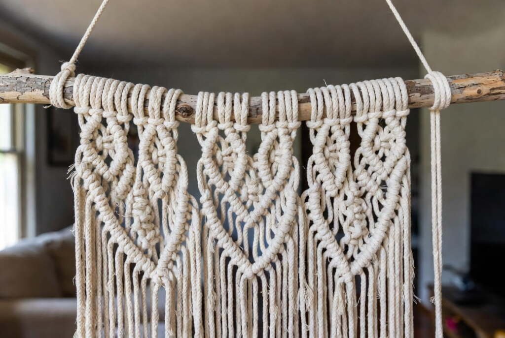 Close-up of intricate knots on cream-colored macramé wall hangings mounted on a natural wooden branch.