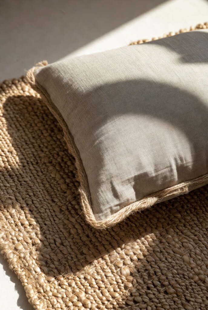 High-angle shot of a linen pillow with a decorative jute braided border resting on a large jute floor mat.