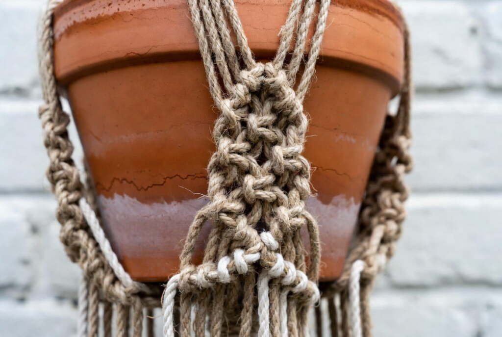 Detailed macro view of a natural jute macramé plant hanger holding a terracotta pot against a brick background.