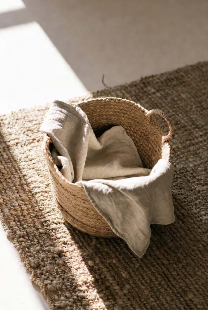 Round woven jute storage basket containing a soft linen throw blanket sitting on a matching jute rug.