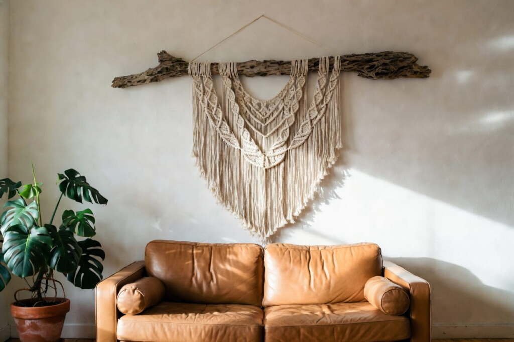 Large boho macramé wall hanging on driftwood above a leather sofa in a sunlit living room with a monstera plant.