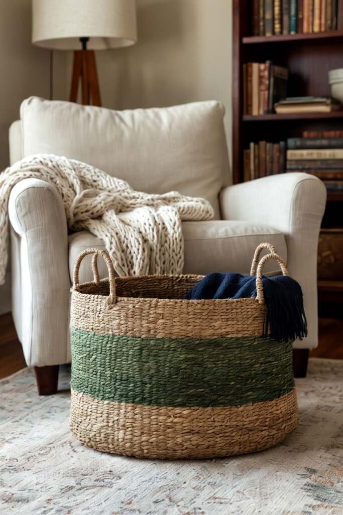 large round seagrass storage basket Large round seagrass floor basket with a green decorative stripe and handles, holding a blue knit blanket.