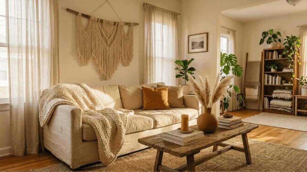 Cozy living room décor ideas with macramé wall hanging, knit throw, and handmade terracotta vase