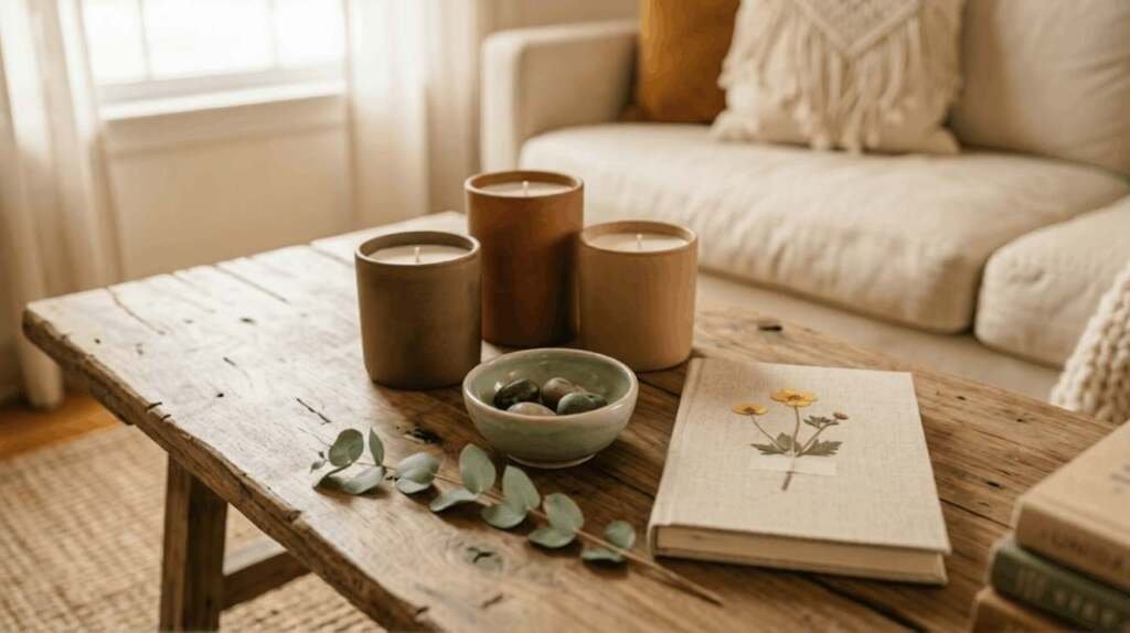 Living room décor ideas with handmade candles, ceramic bowl, and pressed flower journal on rustic wood table