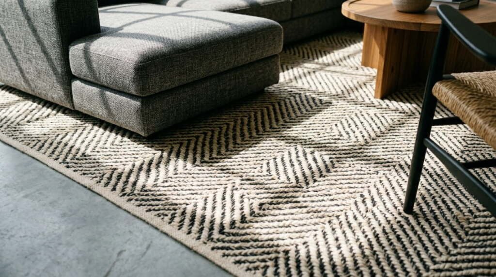 modern loft living room with a grey sectional sofa anchored by a graphic herringbone jute and cotton area rug.