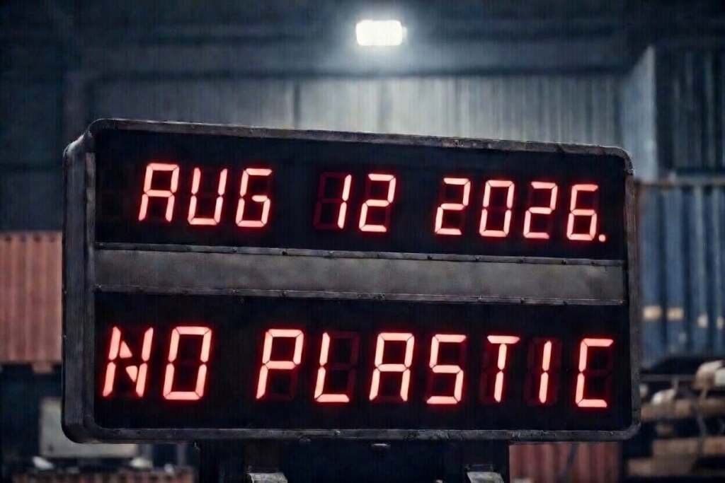 plastic ban deadline countdown Industrial digital clock showing August 01 2026 deadline for global no plastic policy compliance for retailers.
