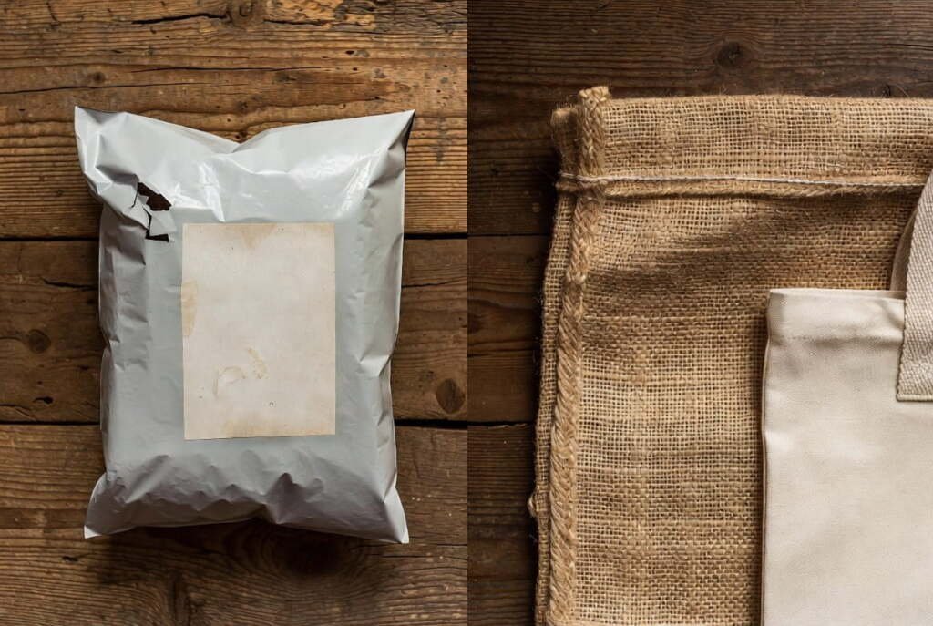 plastic vs sustainable packaging Comparison of a torn plastic poly mailer next to durable eco-friendly jute and cotton sustainable packaging bags.