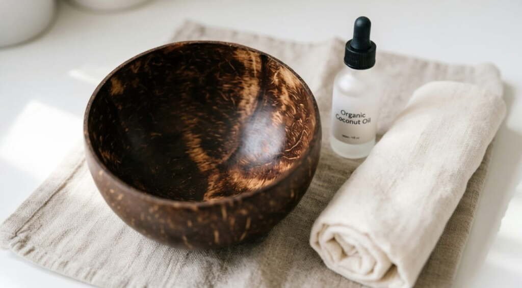 A polished coconut bowl next to a bottle of organic coconut oil and a linen cloth, showing the maintenance process to keep eco-friendly bowls shiny.