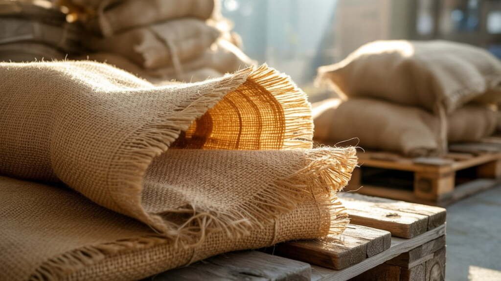 raw burlap jute fabric texture Close-up macro of raw burlap sacks fabric with frayed edges on a wooden pallet in warm natural sunlight.