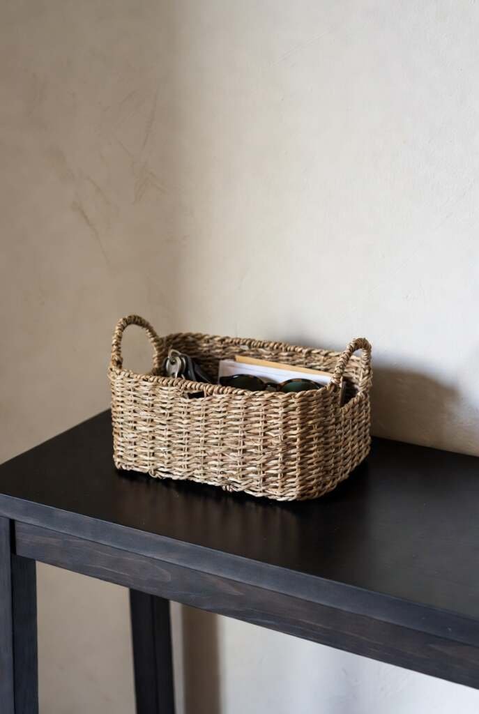 rectangular seagrass entryway basket Small hand-woven seagrass tray on a black console table holding keys and sunglasses in a minimalist entryway.