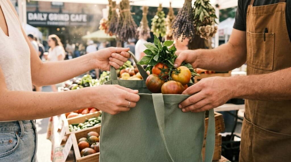 Hands holding a green canvas tote bag filled with fresh tomatoes at a USA farmers market