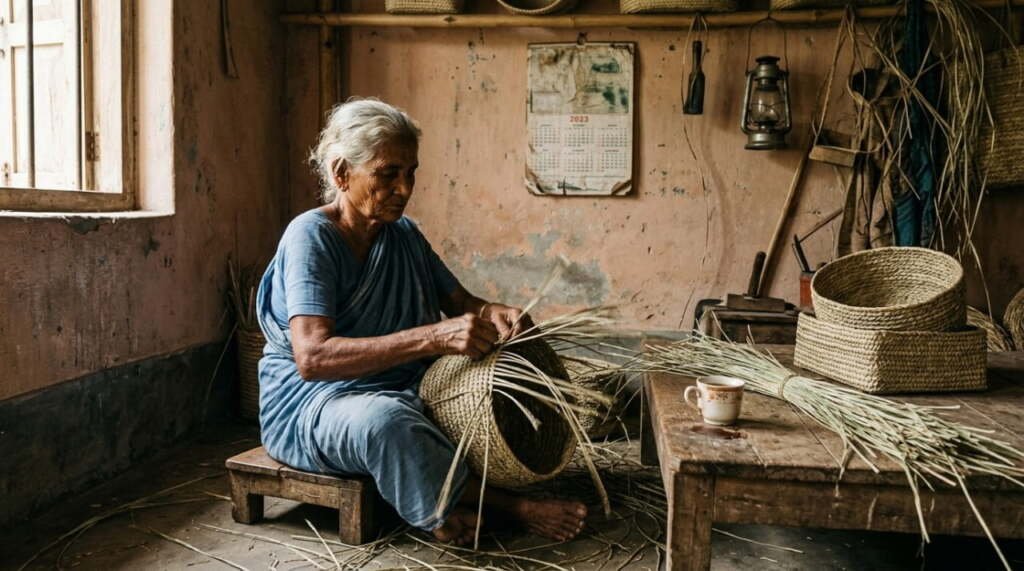 Elderly artisan woman hand-weaving a seagrass basket in a rural workshop, surrounded by raw seagrass fibers