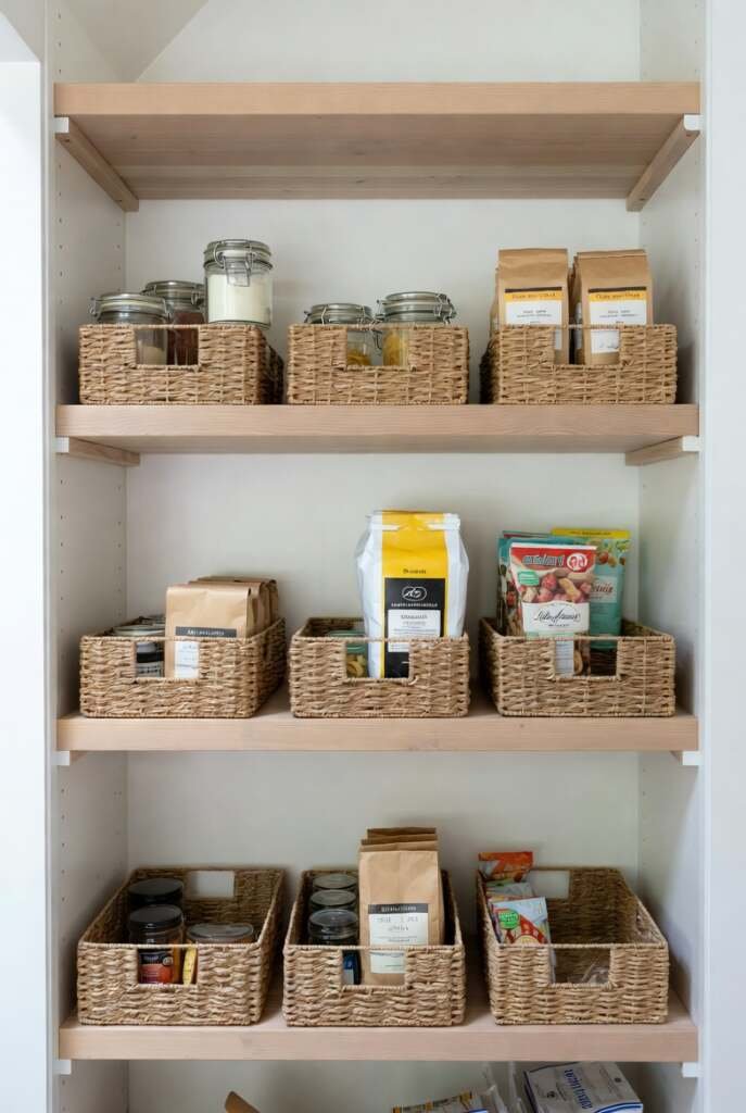 seagrass basket for pantry storage Neatly organized kitchen pantry shelves featuring matching woven seagrass baskets for food storage and jars.