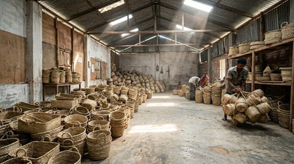 Workers sorting and stacking hundreds of handwoven seagrass baskets inside a rural Bangladesh sourcing warehouse