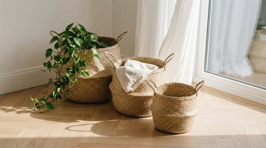 Three natural seagrass baskets in bulk near window with pothos plant and white linen throw