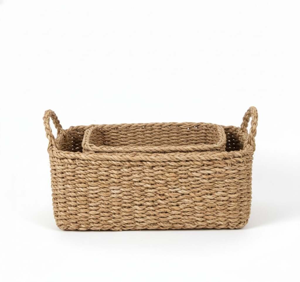 rectangular nesting seagrass storage baskets with built-in handles for home organization.