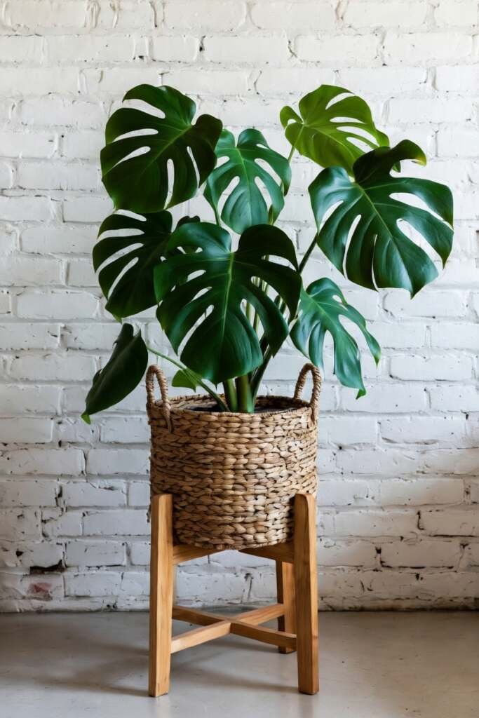 seagrass plant basket plant inside a woven seagrass basket sitting on a mid-century modern wooden stand.