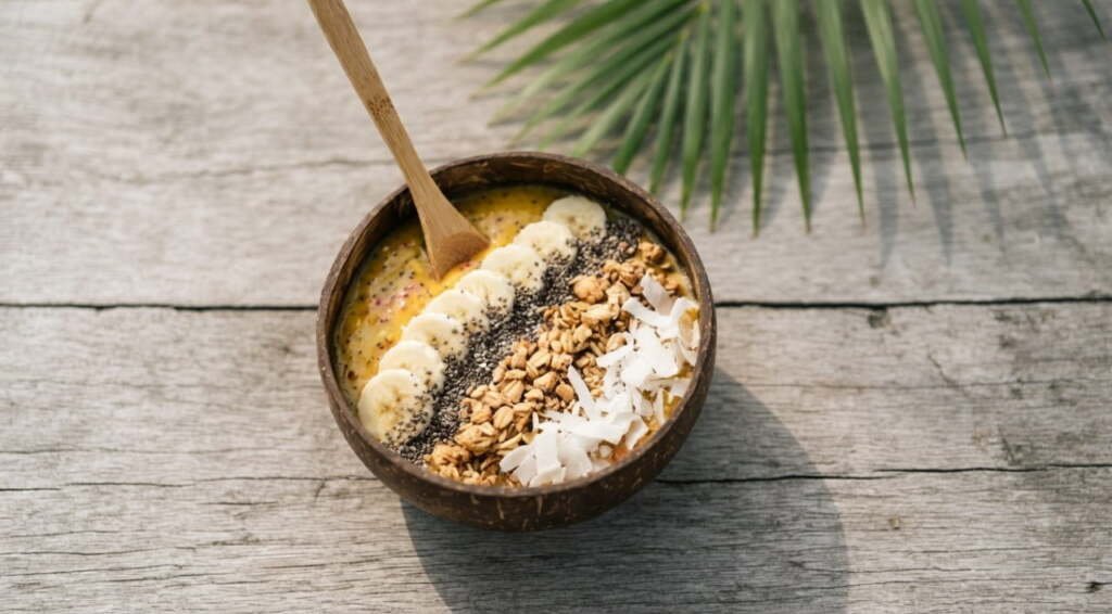 Overhead view of a tropical smoothie bowl with banana, chia seeds, and granola in an eco-friendly reclaimed coconut shell bowl on a rustic wood surface.