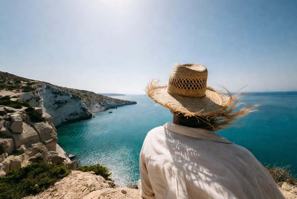 Traveler wearing a frayed straw hat looking out over white cliffs and a deep blue ocean.