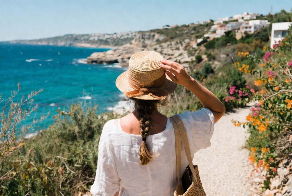 Woman in white linen dress wearing a straw hat for travel overlooking a turquoise Mediterranean coastline.