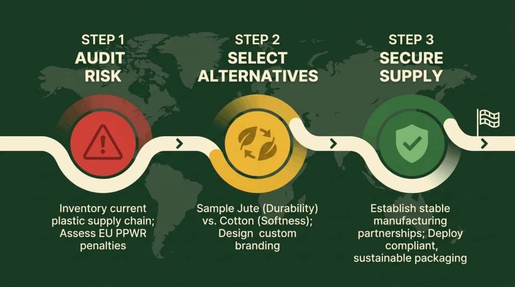 sustainable packaging compliance roadmap Three-step infographic for retailers to audit plastic risk, select jute alternatives, and secure sustainable supply.