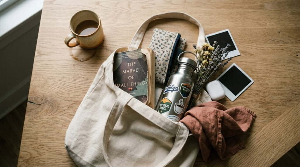 Canvas tote bag with book, water bottle and daily essentials on wooden table — tote bag trends USA