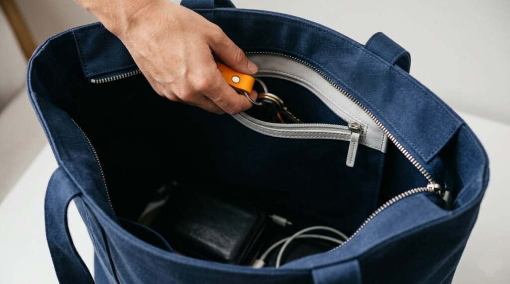 Close-up view into an open blue tote bag where a hand is successfully retrieving a set of keys with a leather keychain from a grey zippered interior pocket.