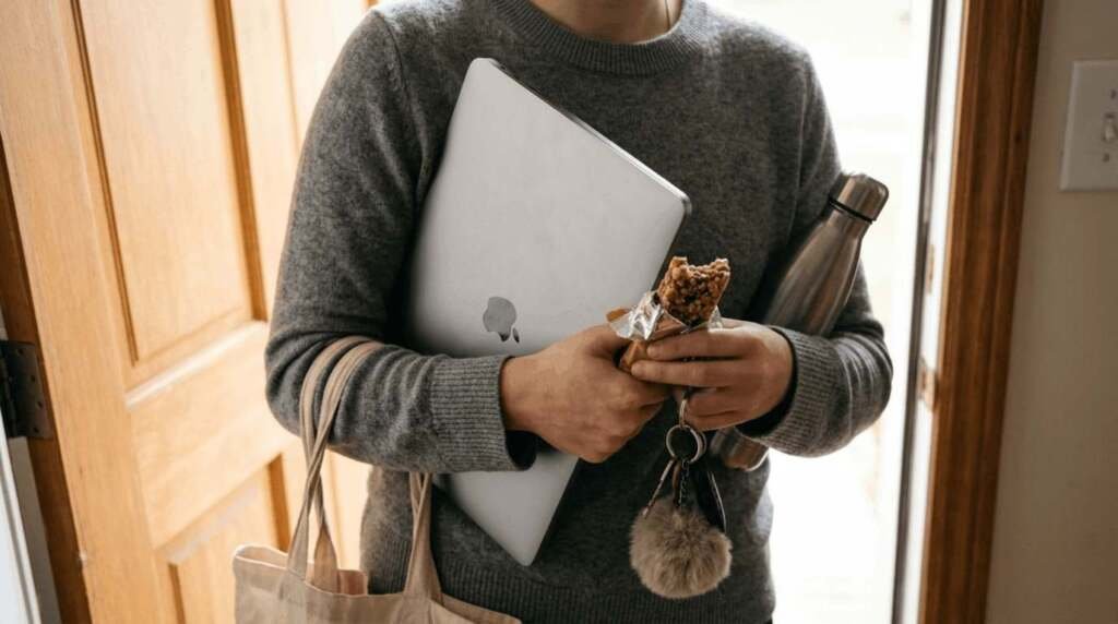 Person wearing a gray sweater struggling to carry a silver laptop, a metal water bottle, and a granola bar while fumbling for keys at a door, with a simple tote bag caught on their arm