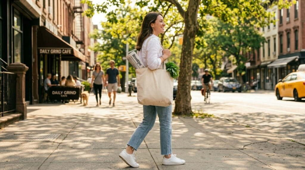 Smiling woman carrying a canvas tote bag while walking on a sunny Brooklyn street — tote bag trends USA