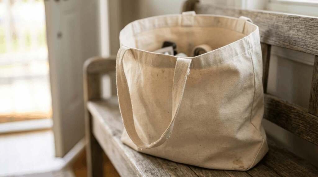 A durable cream canvas tote bag resting on a wooden bench in soft natural light, highlighting high-quality texture