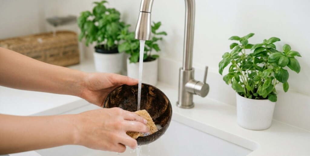 Close-up of hands gently washing a natural coconut bowl with lukewarm water and a plant-based sponge in a modern white kitchen.
