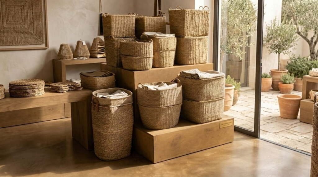 Source seagrass baskets stacked in bulk on wooden display shelves inside a natural home goods store
