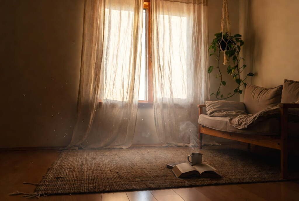 apartment decor ideas with sheer curtains, jute rug and hanging pothos in a cozy small space