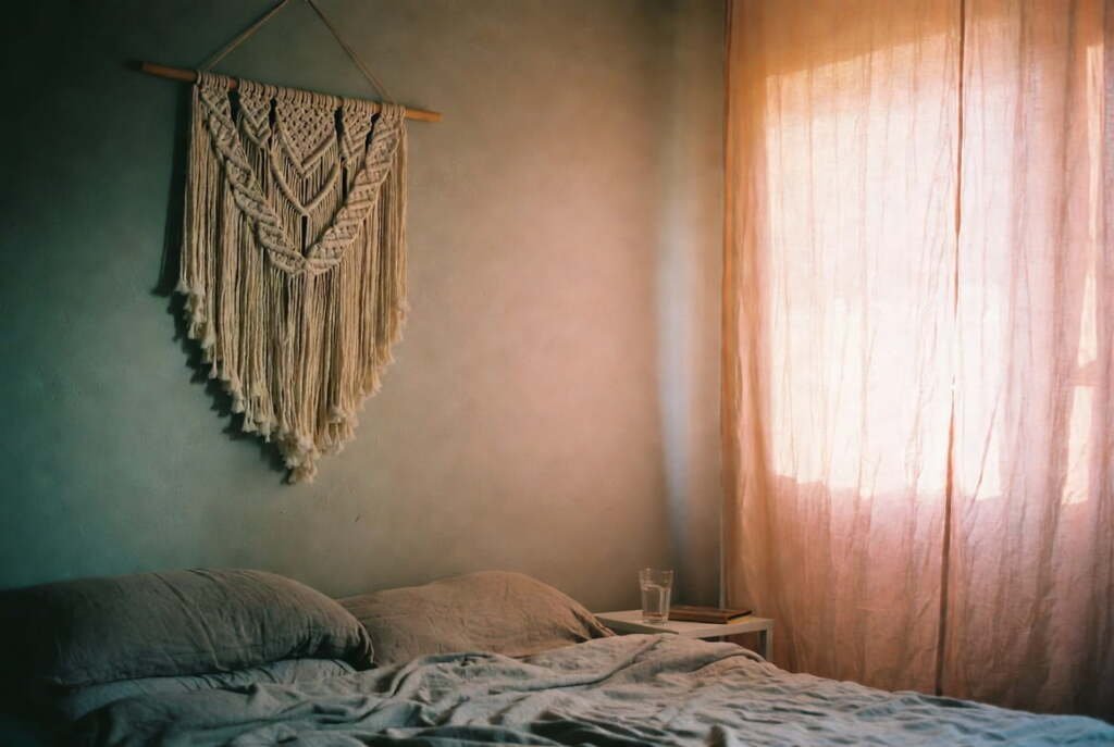 boho-macrame-wall-hanging-bedroom-golden-hour-light Macrame wall hanging above an unmade bed in a cozy bedroom with warm golden-hour light through linen curtains