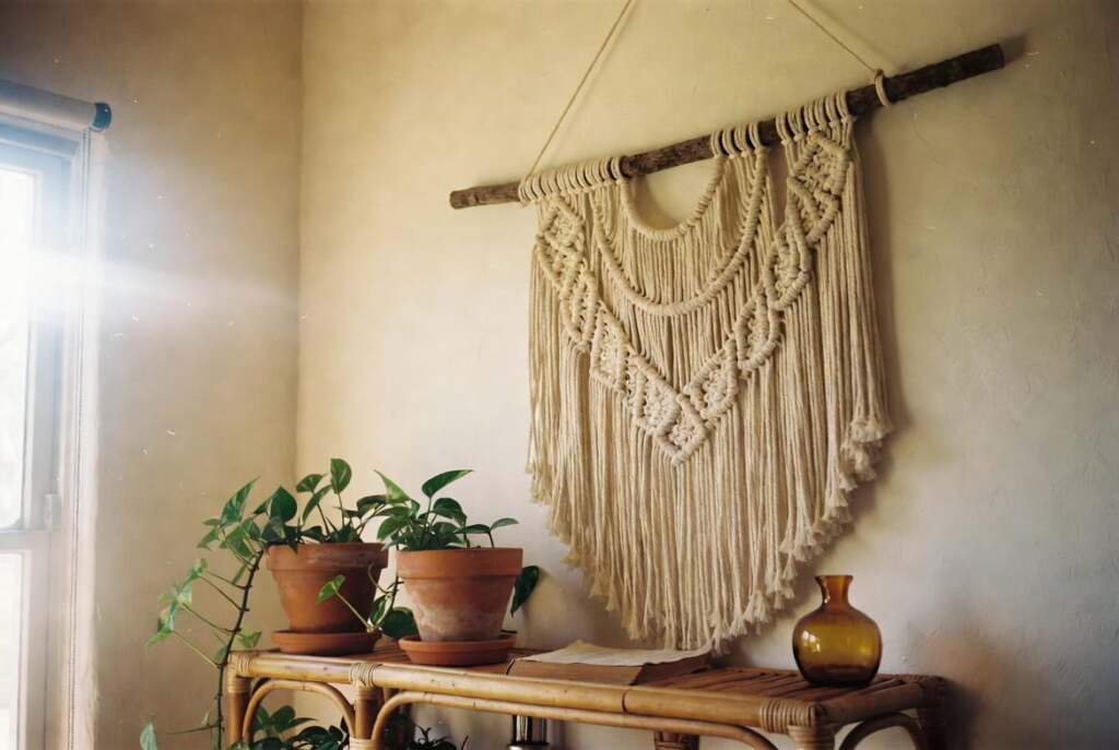 boho-macrame-wall-hanging-rattan-shelf-terracotta-pots-living-room Large cream boho macrame wall hanging on a rustic branch above a rattan shelf with terracotta pots and amber vase
