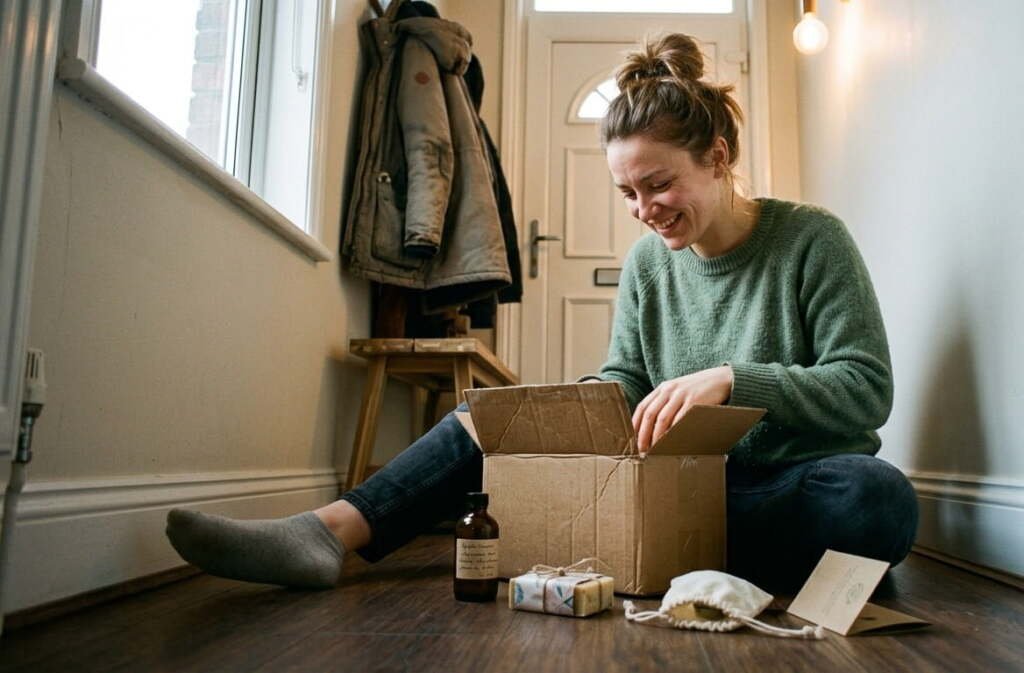 woman sitting on floor happily unboxing an eco-friendly subscription gift box with natural soap and glass bottle
