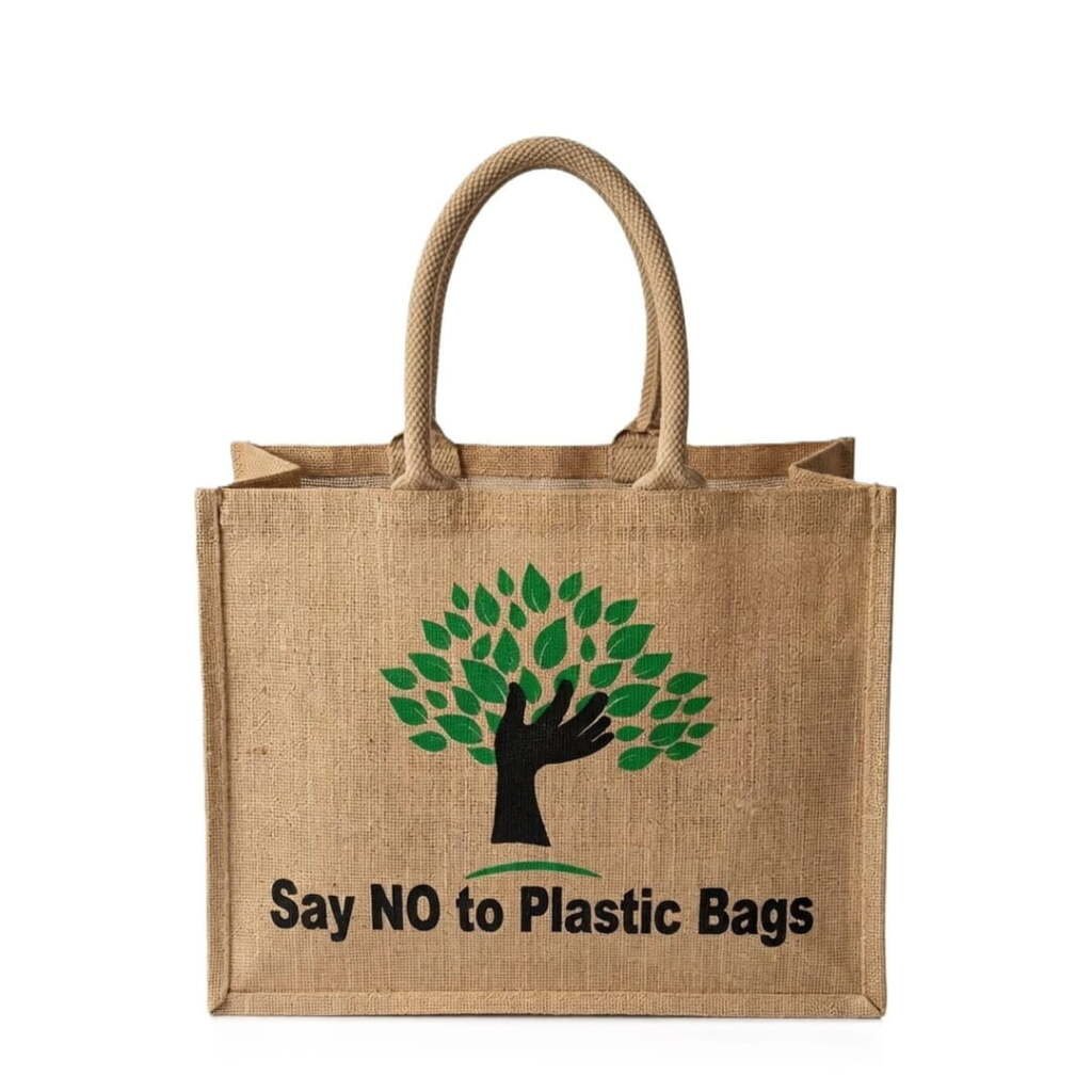 Sustainable natural fiber tote bags with "Say NO to Plastic Bags" print and green tree graphic.