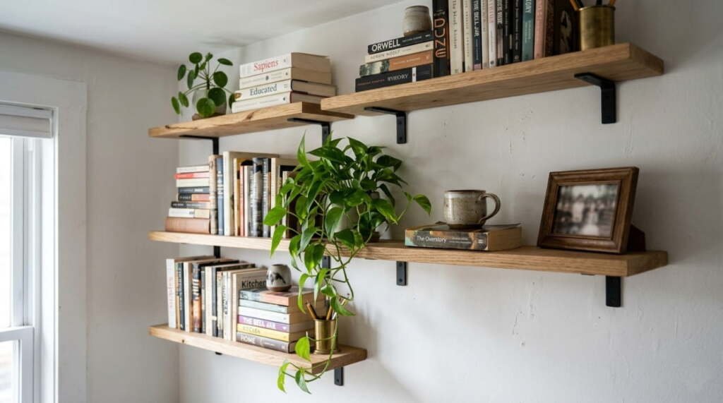 floating shelves with books and trailing pothos for vertical storage in a small apartment